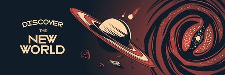 Space horizontal poster with cosmos bodies flying in universe and text discover the new world  abstract vector illustrationのイラスト素材