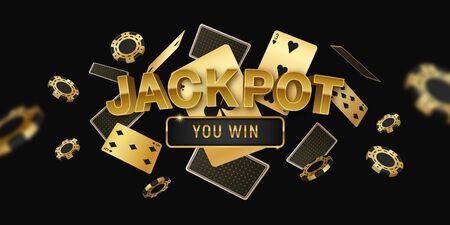 Poker jackpot online tournament  horizontal black golden invitation banner with realistic floating cards and chips vector illustration のイラスト素材
