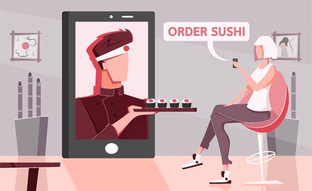 Sushi online flat composition with home scenery and female character ordering asian food with smartphone screen vector illustrationのイラスト素材