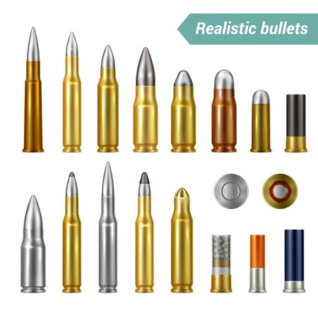 Different types and sizes of weapon ammo   including bullets and cartridges realistic set isolated vector illustrationのイラスト素材