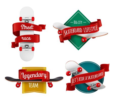 Skateboards emblems realistic set with sport inventory decorated with red ribbons vector illustration のイラスト素材