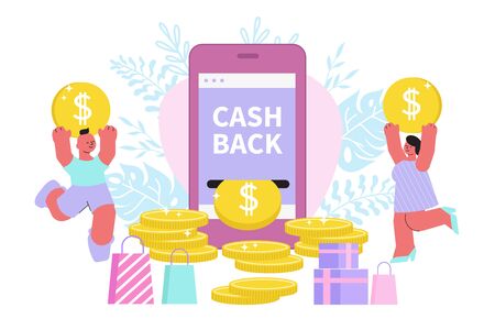Cash back discount composition with flat human characters dancing with golden coins and touch screen smartphone vector illustrationのイラスト素材