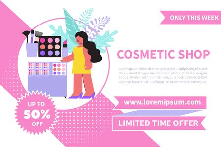 Cosmetic shop horizontal banner with editable advertising text discount and female character with beauty product images vector illustrationのイラスト素材