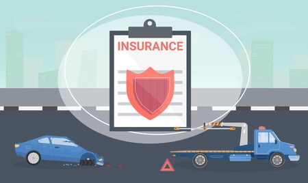 Car insurance services background with accident symbols flat vector illustrationのイラスト素材