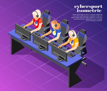 Cybersport isometric colored background with three girl playing the game on computers vector illustrationのイラスト素材