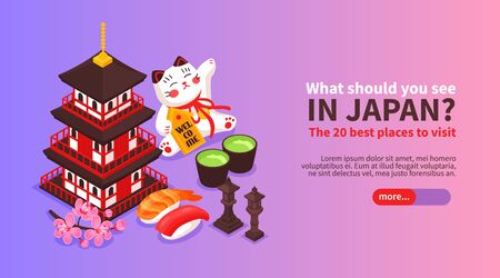 Isometric japan travel horizontal banner with images of japanese cultural symbols and text on gradient background vector illustrationのイラスト素材