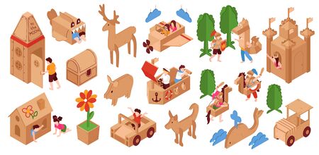Cardboard creative building kits toys for children playroom activities isometric set with castle dragon flower pig vector illustrationのイラスト素材