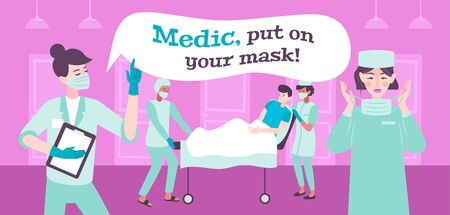 Mask doctor composition with flat doodle characters of medical specialists wearing breathing masks for coronavirus protection vector illustrationのイラスト素材