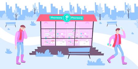 Medication therapy composition with outdoor view of pharmacy building with flat human characters and cityscape background vector illustrationのイラスト素材