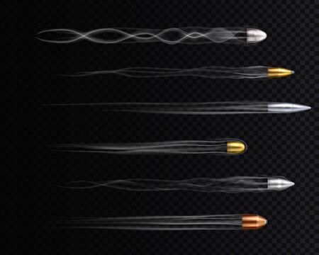 Realistic gold copper and silver flying bullets with traces on dark transparent background isolated vector illustrationのイラスト素材