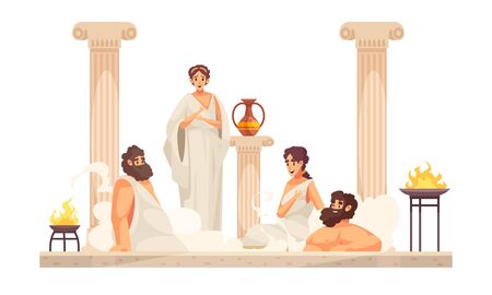 Ancient rome people wearing white tunics sitting in thermal bath cartoon vector illustrationのイラスト素材