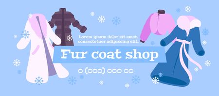 Fur coat shop poster with contact information flat vector illustrationのイラスト素材