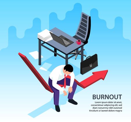 Isometric professional burnout background with exhausted man at his work place in office 3d vector illustrationのイラスト素材