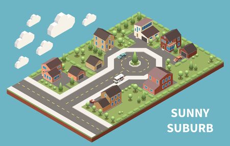 Sunny suburb isometric background  illustrated green suburban neighborhood with good roads and modern buildings vector illustrationのイラスト素材