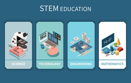 STEM education 4 vertical banners with science technology engineering mathematics symbols accessories isometric compositions background vector illustration のイラスト素材