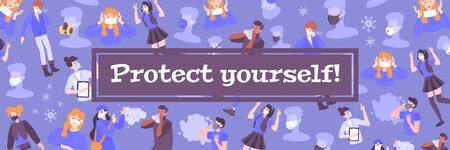 Protection mask site horizontal header with composition of flat images with coronavirus infected people and text vector illustrationのイラスト素材