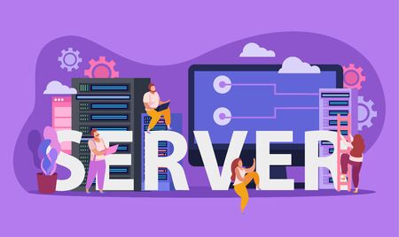 Flat composition with male and female system administrators server computer monitor vector illustrationのイラスト素材