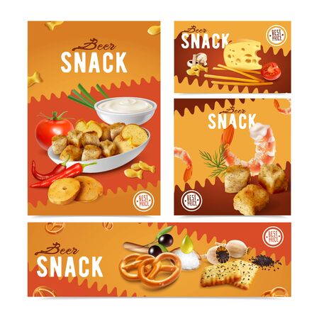 Set of four vertical and horizontal realistic banners with various salty beer snacks crackers cheese prawns isolated vector illustrationのイラスト素材