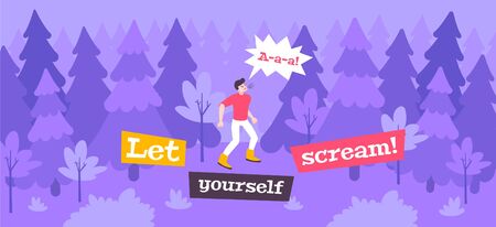 Scream stress flat composition with outdoor scenery and man shouting out loud in forest with text vector illustrationのイラスト素材