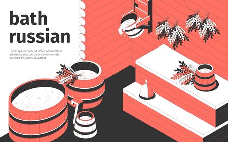 Russian bath interior and wooden accessories 3d isometric vector illustrationのイラスト素材