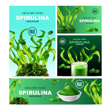 Realistic spirulina set of four banners with colourful images of water plants ready products and text vector illustration のイラスト素材