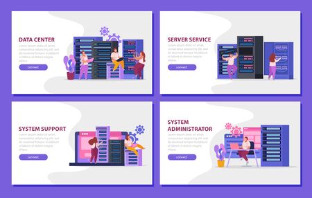 Flat 4x1 banners set with system administrators working in server room isolated vector illustrationのイラスト素材