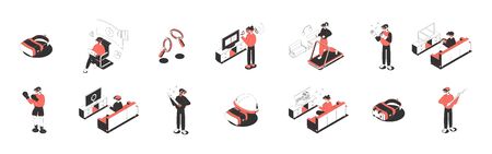 Isometric icons set with people in virtual reality glasses playing doing sports watching films...
