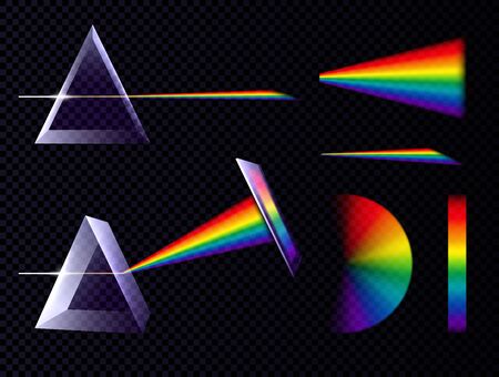 Prism light spectrum rainbow set on transparent background with triangle prisms and palettes of different shape vector illustrationのイラスト素材