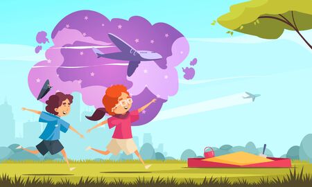 Children dreaming pilot composition with outdoor scenery cityscape silhouette and running boys with images of airplanes vector illustrationのイラスト素材