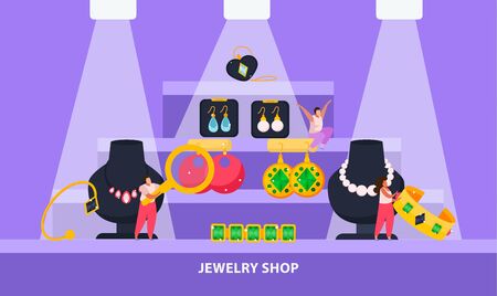 Jewelry flat composition with view of shop display with valuable goods for sale and editable text vector illustrationのイラスト素材