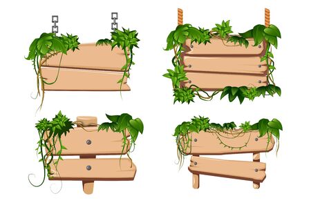 Tropical twining liana vines leaves twist around 4 classical cartoon wooden sign boards set isolated vector illustration  のイラスト素材