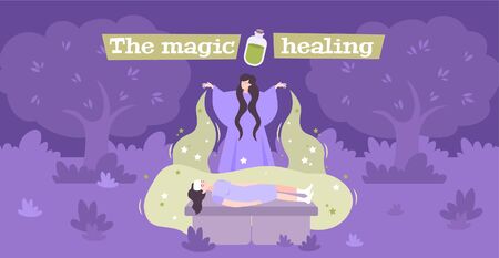 White magic disease healing  purification supernatural power energy practitioner flat mystical composition banner purple background vector illustration のイラスト素材