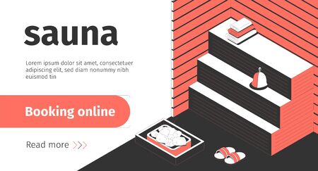 Sauna booking online isometric banner with bath accessories 3d vector illustrationのイラスト素材