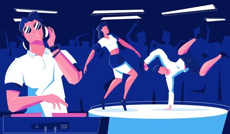 Night club dancing flat composition with indoor view of dancefloor with dancers and dj playing music vector illustrationのイラスト素材