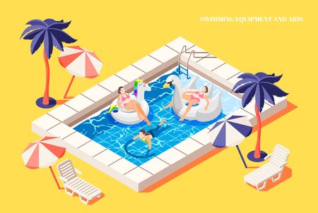 People relaxing with swimming aid in pool isometric composition on yellow background 3d vector illustrationのイラスト素材