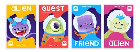 Aliens isolated posters set with cartoon friendly smiling creatures in spacesuits vector...