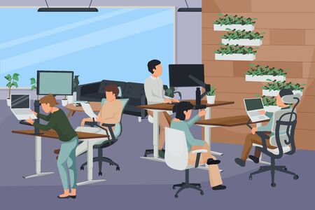 Flat composition with people working at open space office with contemporary workspace vector illustrationのイラスト素材