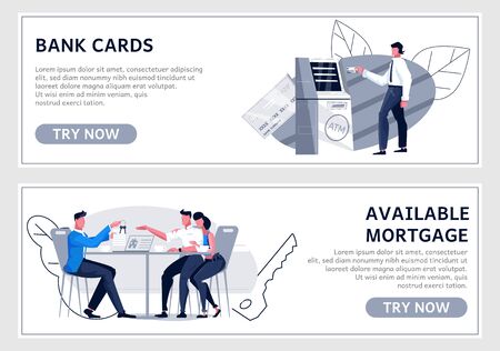 Bank site flat horizontal banners set with human characters silhouette icons text and try now buttons vector illustrationのイラスト素材