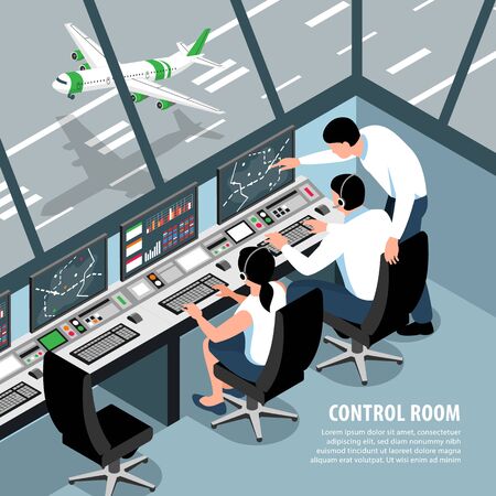 Isometric airport traffic control team background with indoor scenery aircraft control room operators and editable text vector illustrationのイラスト素材
