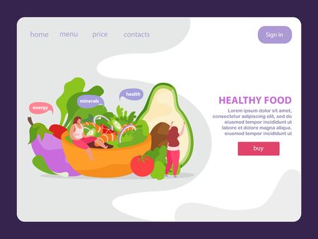 Healthy and super food flat landing lage for website with clickable links buttons and doodle images vector illustrationのイラスト素材