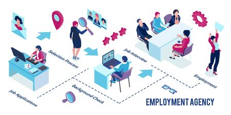 Isometric recruitment agency horizontal infographic with job application background check selection process job interview and employment steps vector illustrationのイラスト素材
