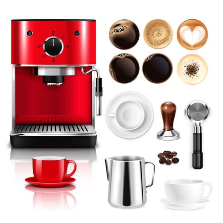 Coffee realistic big set with red coffee machine and top view cups with espresso chocolate milk latte cappuccino drinks vector illustrationのイラスト素材