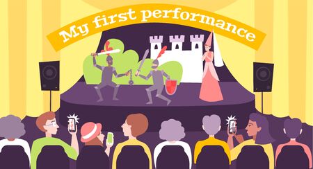 My first performance flat background with children playing on stage and parents with smartphones in  audience vector illustrationのイラスト素材