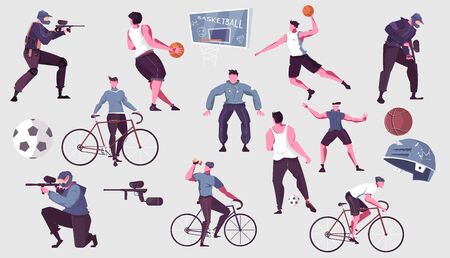 Leisure activities for men flat set with male persons playing football basketball paintball riding bike isolated vector illustrationのイラスト素材