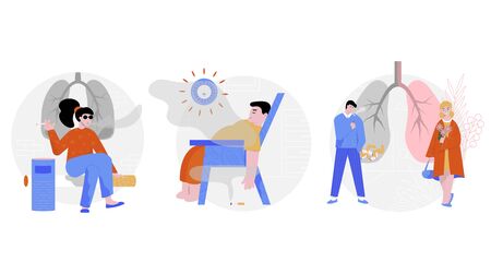 Smoking cigarette set of three isolated round compositions with flat characters of smokers in various situations vector illustrationのイラスト素材