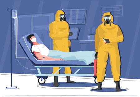 Infectious disease hospital coronavirus flat composition with patient and doctors in chemical suits with medical apparatus vector illustrationのイラスト素材