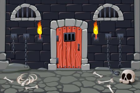 Cartoon doors composition with view of scary dungeon with torches human bones skull and chain fetters vector illustrationのイラスト素材