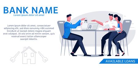 Bank horizontal banner with editable text bank name and flat characters of people sitting at table vector illustrationのイラスト素材