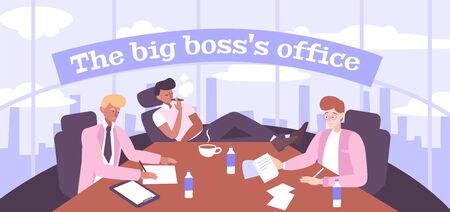Big boss office in city skyscraper with team of colleagues discussing current business problems flat background vector illustrationのイラスト素材