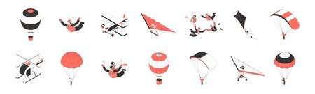 Air tourism isometric icons set with people doing parachuting hang gliding flying plane 3d isolated vector illustrationのイラスト素材